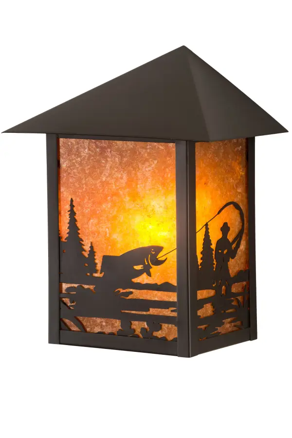 A Fly Fisherman landing his catch is depicted on this handsome American Craftsman lantern style wall sconce. The fixture; handcrafted in the USA by Meyda artisans; is finished in Craftsman Brown and has Amber mica panels.