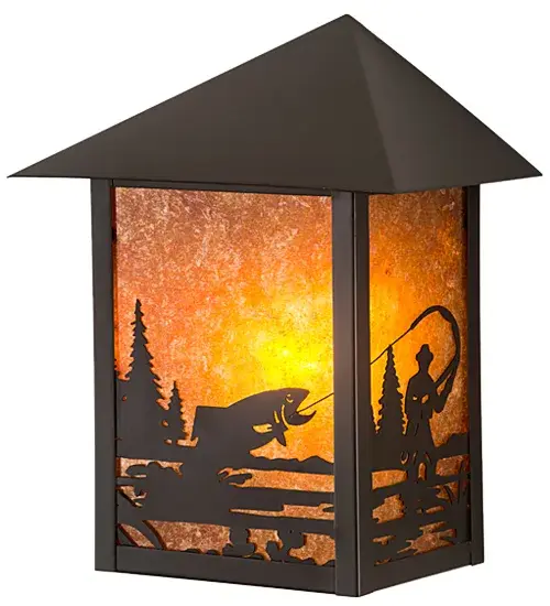A Fly Fisherman landing his catch is depicted on this handsome American Craftsman lantern style wall sconce. The fixture; handcrafted in the USA by Meyda artisans; is finished in Craftsman Brown and has Amber mica panels. - alternate view