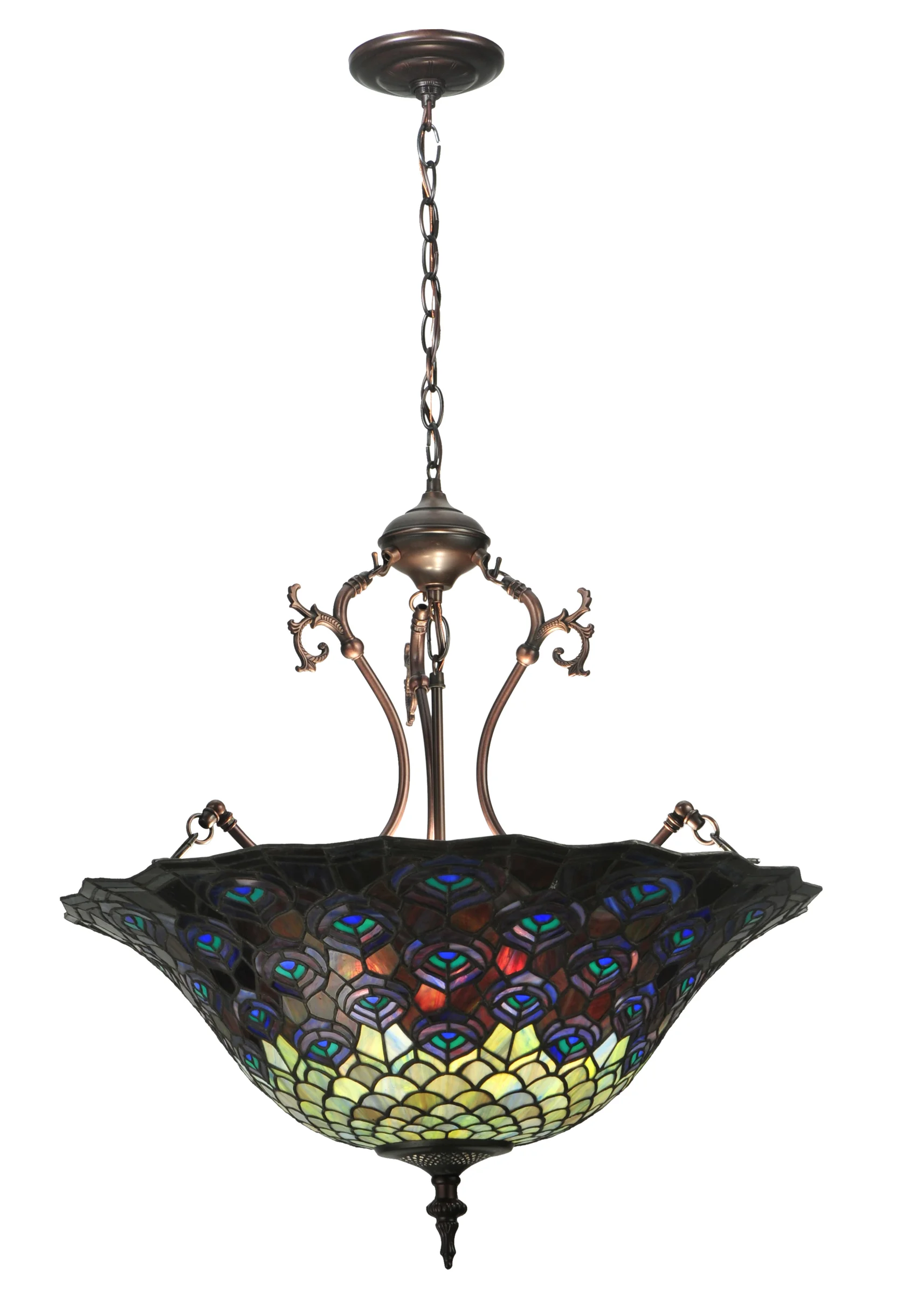 Tiffany Peacock Feather Three Light Inverted Pendant in Mahogany Bronze