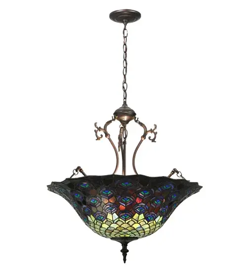 As distinctive as a beautiful Peacock's feathers, no two shades will ever be the same as their individuality can be as remarkably unique as their personality. This artistic creation utilizes swirling opalescent art glass background combinations including Beige Amber, Yellow Pinks, Red Purples, Golden Blues and Greens, Ivories, Bluish Whites, Turquoise Blues, Periwinkle, Olive and Spring Greens, Pale Yellow, Amethyst, Emerald and Topaz. The eye of the plumage design reveals Purples, Pastel Blues, Teals, Cobalt and Ivories. Individual pieces of glass are hand cut and wrapped using Meyda Tiffany's famous copperfoil construction. Each shade is a unique work of art with color variations based on natural ingredients inherent in the glass. Mahogany Bronze finish. Collection: Tiffany Peacock Feather Finish: Mahogany Bronze Glass: Stained Glass Width: 24.00" Height: 27.00" Length: 24.00" Weight: 25.00 lb Number of Bulbs: 3 Maximum Wattage: 60.00 W Bulb Type: A19 Bulb Base: E26 Material: Steel Country of Origin: CHINA Safety Listing: Dry Safety Rating: Damp - alternate view