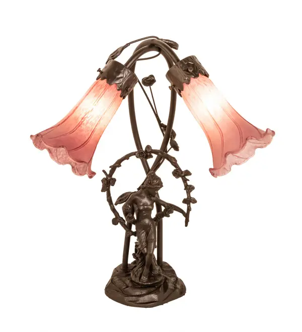 Inspired by Tiffany's famous Pond Lily design from the early 1900s... This table lamp features two stunning shades mouth blown with Pink art glass. The Pond Lily shades are embraced by an elegant Cast Bronze Base featuring a girl under a trellis and finished in a rich Mahogany patina. The Pond Lily Table Lamp is featured in our American designed, handcrafted Favrile Lighting Collection. UL and cUL listed for dry locations. Each shade is a unique work of art with color variations based on natural ingredients inherent in the glass. Contact us if color matching is critical when ordering multiple items. Collection: Lavender Finish: Mahogany Bronze Glass: Lavender Width: 15.00" Height: 17.00" Length: 15.00" Weight: 8.00 lb Number of Bulbs: 2 Maximum Wattage: 15.00 W Bulb Type: B10 Bulb Base: E12 Material: Bronze Country of Origin: CHINA Safety Rating: Dry