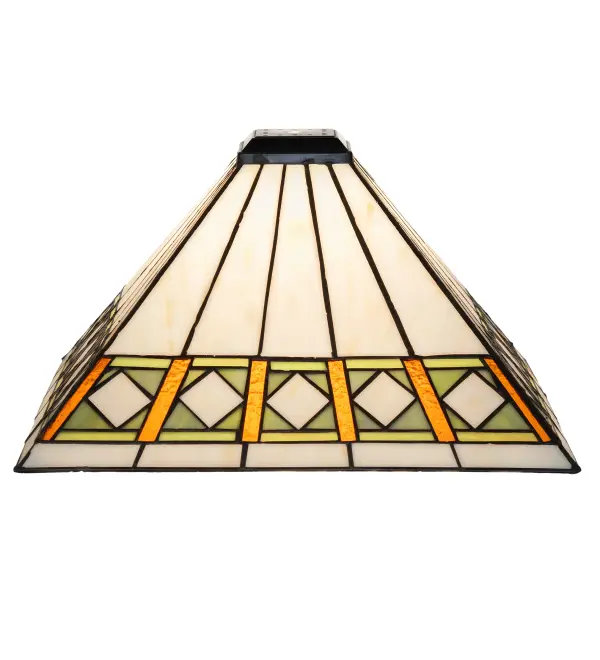 Simple; clean lines and geometric shapes are the hallmarks of the Mission style. This sleek Bisque Beige stained glass shade features a simple; elegant Diamond pattern in Beige accented with Amber; Jade; and Peridot borders. This stunning shade is created with the famous Meyda Tiffany copperfoil construction technique and pairs well with a base to create a table or floor lamp. It can also be paired with hardware to create a ceiling pendant or flushmount. The Diamond Band Mission Shade is included in our American-designed; handcrafted Mission Lighting Collection. Each shade is a unique work of art; featuring color variations derived from the natural ingredients inherent in the glass.