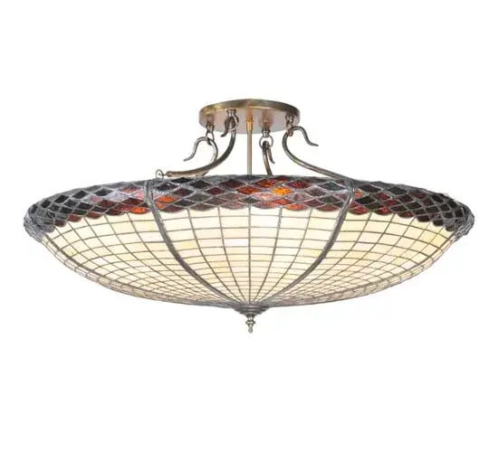 This stunning ceiling fixture in an Antique Copper finish is as majestic as the mighty oak. The stained glass shade delights with Autumnal Beige Art glass with a Bark Brown and Blue and Purple Granite Textured Glass crown sprouting Oak leaf-covered hardware that is handmade by Meyda artisans. The shade is created using the famous Meyda Tiffany copperfoil construction process. The Greenbriar Oak Semi-Flushmount is included in our American-designed, handcrafted Greenbriar Collection. UL and cUL listed for dry and damp locations. No two art glass shades will be the same, their individuality can be as remarkably unique as their personality. Collection: Greenbriar Oak Finish: Antique Copper Glass: Stained Glass Notes: Custom Crafted In Yorkville, New York Please Allow 30 Days Width: 36.00" Height: 18.00" Length: 36.00" Weight: 40.00 lb Number of Bulbs: 6 Maximum Wattage: 60.00 W Bulb Type: A19 Bulb Base: E26 Material: Metal Country of Origin: USA Safety Listing: Damp Safety Rating: Damp