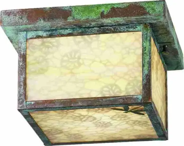 A charming Dragonfly darts across the edge of this handsome American Craftsman style flushmount. The fixture, handcrafted in the USA by Meyda artisans, is finished in Verdigris and has Iridized Beige art glass panels. Collection: Hyde Park Finish: Verdigris Glass: Beige Iridescent Glass Width: 10.00" Height: 6.00" Length: 10.00" Weight: 6.00 lb Number of Bulbs: 1 Maximum Wattage: 60.00 W Bulb Type: A19 Bulb Base: E26 Country of Origin: USA Safety Listing: Damp Safety Rating: Damp