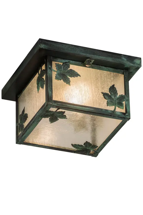 Falling Maple Leaves adorn this handsome American Craftsman style flushmount. The fixture, handcrafted in the USA by Meyda artisans, is finished in Verdigris and has Clear Seedy glass panels. Collection: Hyde Park Finish: Verdigris Glass: Clear Seeded Glass Width: 11.50" Height: 6.00" Length: 10.00" Weight: 5.00 lb Number of Bulbs: 1 Maximum Wattage: 60.00 W Bulb Type: A19 Bulb Base: E26 Country of Origin: USA Safety Listing: Damp Safety Rating: Wet
