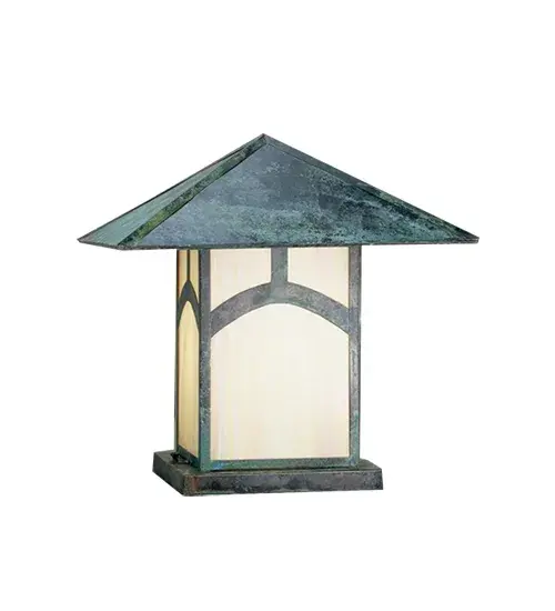 An Arts and Crafts Hill Top arched bar accents this handsome American Craftsman lantern style pier mount. The fixture; handcrafted in the USA by Meyda artisans; is finished in Verdigris and has Iridized Beige glass panels.