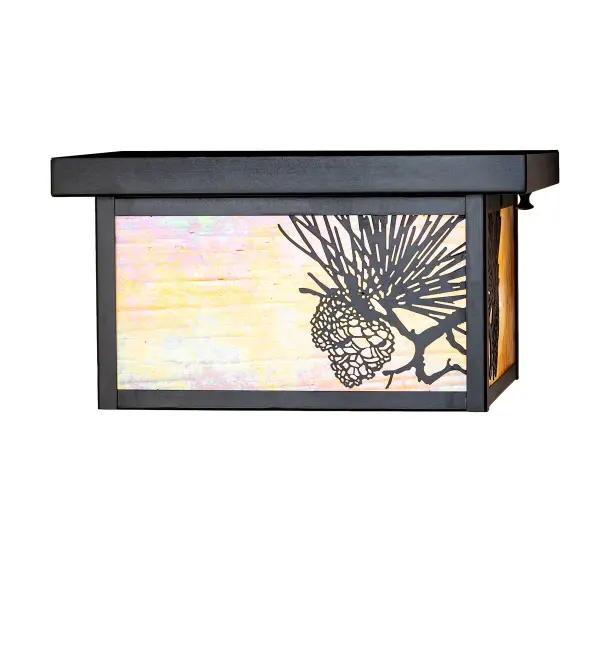 With pinecones and pine needles delicately etched with Solid Brass; this compelling design represents the iconic symbol of spiritual enlightenment and eternal life. Natural charm comes alive with beautiful ambient light shining through a Beige art glass lens; enhanced with a matching bottom diffuser and Craftsman Brown finished accents and hardware. The Hyde Park Winter Pine Flushmount is featured in our American-made; American-designed; handcrafted Craftsman Signature Lighting Collection. Manufactured in Yorkville; New York. UL and cUL listed for dry; damp; and wet locations.