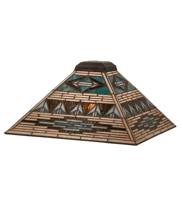 Patterns and colors of Native American blankets and pottery have inspired this Mission-style stained glass shade created using the famous Meyda Tiffany copperfoil construction technique. The intricately patterned shade features Bark Brown; Sand Beige; and Turquoise art glass. The Valencia Mission Pendant is included in our American-designed; handcrafted Mission Lighting Collection. Each shade is a unique work of art with color variations based on natural ingredients inherent in the glass. Please contact us if color matching is critical when ordering multiple items.