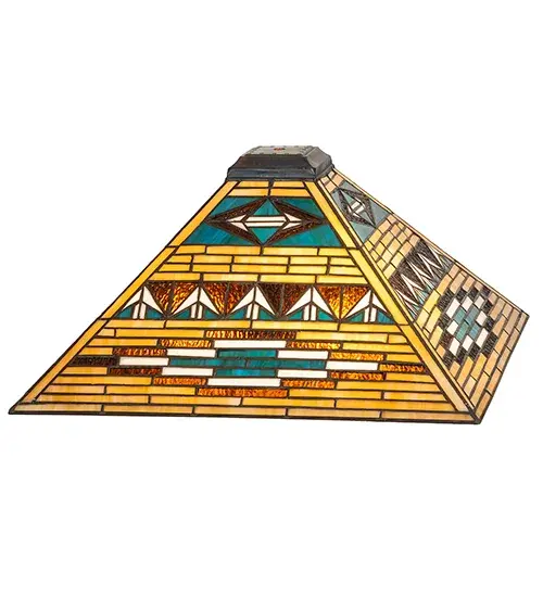 Patterns and colors of Native American blankets and pottery have inspired this Mission-style stained glass shade created using the famous Meyda Tiffany copperfoil construction technique. The intricately patterned shade combines Bark Brown; Sand Beige; and Turquoise art glass. The Valencia Mission Shade is included in our American-designed; handcrafted Mission Lighting Collection. Each shade is a unique work of art with color variations based on natural ingredients inherent in the glass. Please contact us if color matching is critical when ordering multiple items. - alternate view