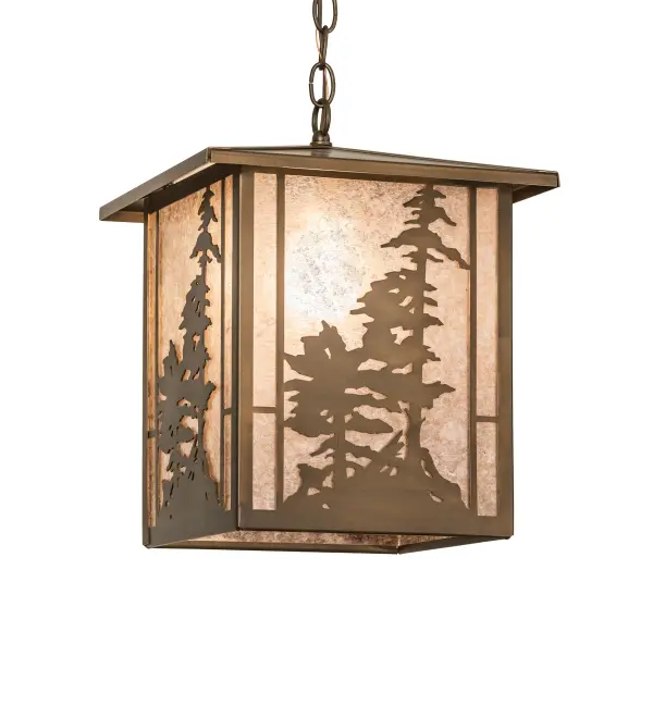 A stand of Tall Pines are depicted on this lantern pendant fixture handcrafted in the USA by Meyda artisans. This nature inspired fixture is finished in Antique Copper and has Silver mica panels. Collection: Tall Pines Finish: Antique Copper Glass: Silver Mica Width: 17.00" Height: 19.00" Length: 12.00" Weight: 10.00 lb Number of Bulbs: 1 Maximum Wattage: 60.00 W Bulb Type: A19 Bulb Base: E26 Material: Steel Country of Origin: USA Safety Listing: Dry Safety Rating: Damp