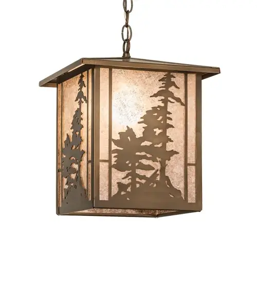 A stand of Tall Pines are depicted on this lantern pendant fixture handcrafted in the USA by Meyda artisans. This nature inspired fixture is finished in Antique Copper and has Silver mica panels. Collection: Tall Pines Finish: Antique Copper Glass: Silver Mica Width: 17.00" Height: 19.00" Length: 12.00" Weight: 10.00 lb Number of Bulbs: 1 Maximum Wattage: 60.00 W Bulb Type: A19 Bulb Base: E26 Material: Steel Country of Origin: USA Safety Listing: Dry Safety Rating: Damp - alternate view