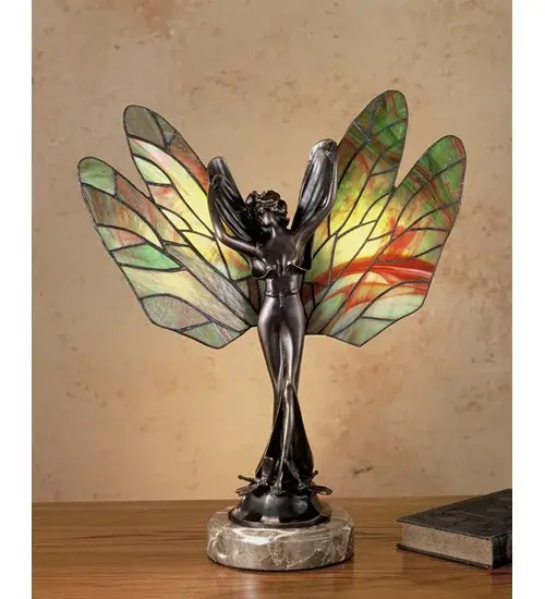 This irresistible Dragonfly Lady is hand finished in Mahogany Bronze; and has colorful Cerese Red streaked Green lighted wings; crafted of copper foil wrapped stained art glass. - alternate view