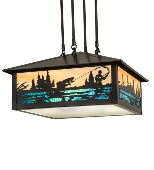 Fishing enthusiasts will cast their lines in delight for this striking lighting design which features a Largemouth Bass leaping out of the lake as the late morning sun rises. Soft ambient light projects through a vibrantly Beige art glass sky above sparkling waters in Blue-Green and Frosted art glass. This Mission styled shade is enhanced with a Statuario Idalight bottom diffuser and a Craftsman Brown finish. Domestically Produced in our 180;000 square foot manufacturing facility in Yorkville; New York. Customize the shade colors; metal finishes and sizes to meet your desires. UL and cUL listed for dry and damp locations. - alternate view