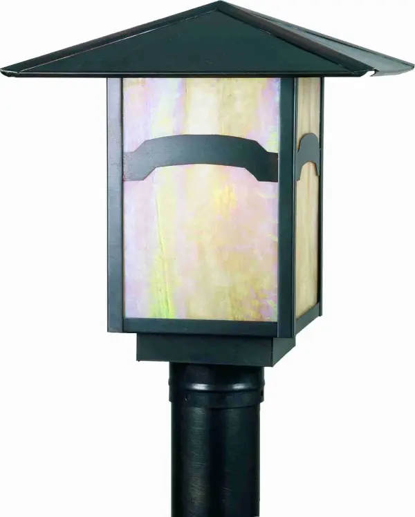 An Arts and Crafts Mountain View recurved bar accents this handsome American Craftsman lantern style post mount. The fixture; handcrafted in the USA by Meyda artisans; is finished in Craftsman Brown and has Iridized Beige glass panels.