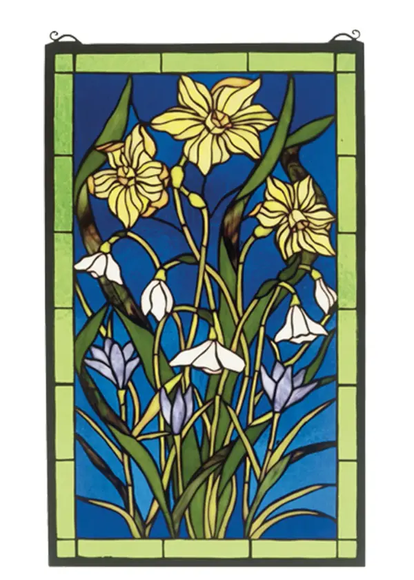 Meyda Tiffany's Spring Bouquet Window features Sun Yellow daffodils and Winter White snow drops against a Clear Blue sky. Bordered and accented in Spring Green, this Meyda Tiffany original window is handcrafted utilizing the copperfoil construction process and 365 pieces of stained art glass in a solid brass frame. Mounting bracket and jack chain included. Collection: Spring Bouquet Finish: Vach Ia Ca Iac Glass: Vach (Dk) Ia Ca Iac Width: 15.00" Height: 25.00" Length: 15.00" Weight: 7.00 lb Number of Bulbs: 9 Bulb Type: TBD Bulb Base: Medium Material: Brass Country of Origin: CHINA Safety Listing: Dry Safety Rating: Dry