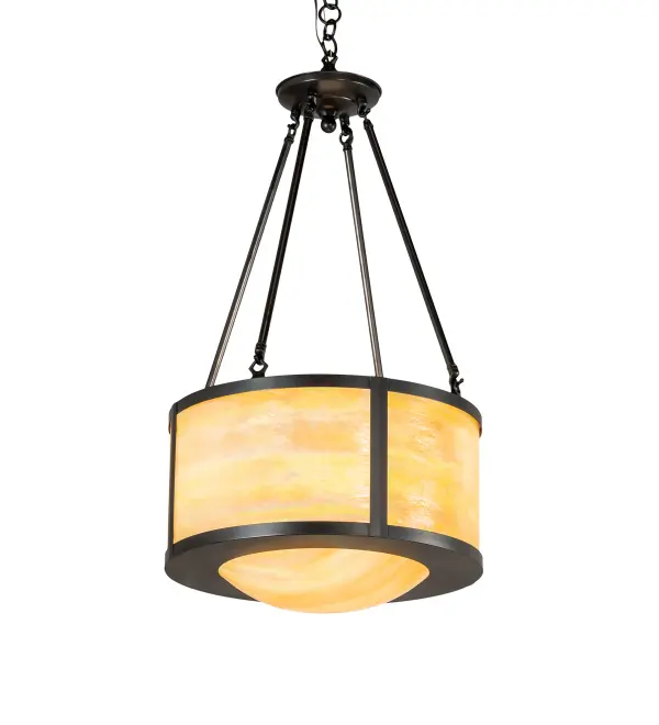 In the tradition of artisans and craftsmen; this shapely ceiling fixture highlights a beautiful combination of Beige Iridescent art glass with Solid Brass decorative accents; frame and hardware featured in a warm Craftsman Brown finish. Handmade in the USA; this fixture is available in custom sizes; colors and finishes; as well as dimmable energy efficient lamping options such as LED. The pendant is UL and cUL listed for damp and dry locations.