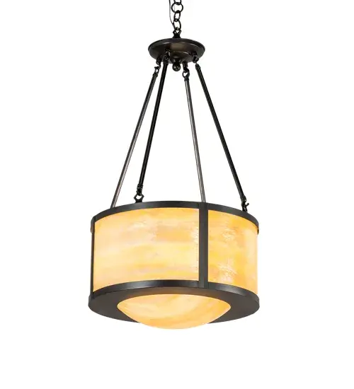In the tradition of artisans and craftsmen; this shapely ceiling fixture highlights a beautiful combination of Beige Iridescent art glass with Solid Brass decorative accents; frame and hardware featured in a warm Craftsman Brown finish. Handmade in the USA; this fixture is available in custom sizes; colors and finishes; as well as dimmable energy efficient lamping options such as LED. The pendant is UL and cUL listed for damp and dry locations. - alternate view