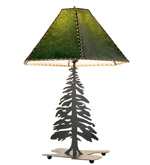 A rawhide wrapped Forest Green faux leather shade sits above a tall pine lamp base. The nature inspired table lamp is finished in Black and is handcrafted in the USA by Meyda artisans. - alternate view