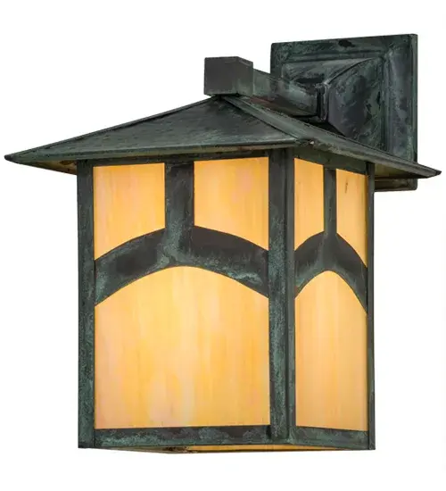 An Arts and Crafts Hill Top arched bar accents this handsome American Craftsman lantern style solid mount wall sconce. The fixture; handcrafted in the USA by Meyda artisans; is finished in Verdigris and has Iridized Beige glass panels. - alternate view