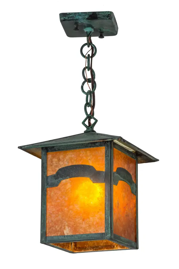 Handcrafted of Solid Brass; an abstract Mountain View design comes to light in Amber Mica with this Craftsman Signature lantern. This striking fixture is enhanced with hardware finished in Verdigris. Made in the USA. Handcrafted by Meyda artisans in our Yorkville; New York manufacturing facility at the foothills of the Adirondack Mountains.