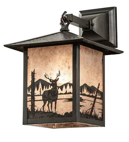 A young buck deer is depicted on this handsome American Craftsman lantern style hanging wall sconce. The fixture; handcrafted in the USA by Meyda artisans; is finished in Craftsman Brown and has Silver mica panels. - alternate view