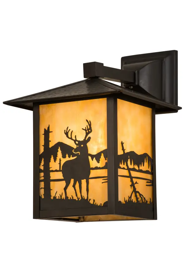 A graceful Deer is captured standing alongside a mountain lake as the late morning sun shines over the American wilderness. The striking decorative accents and frame are featured in a warm Craftsman Brown finish with a stunning Beige art glass shade. This alluring lighting fixture; which is perfect for both indoor and outdoor applications; is handcrafted by the hands of Meyda artisans in the USA; at the foothills of the glorious Adirondack Mountains. Dimmable energy efficient lamping; as well as custom sizes; styles and colors; are available to meet your exact specifications.