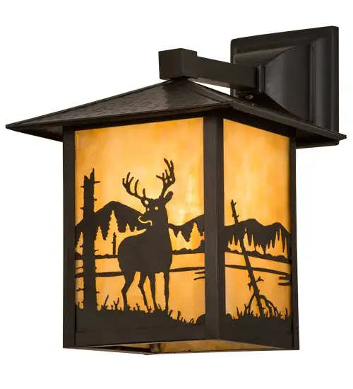 A graceful Deer is captured standing alongside a mountain lake as the late morning sun shines over the American wilderness. The striking decorative accents and frame are featured in a warm Craftsman Brown finish with a stunning Beige art glass shade. This alluring lighting fixture; which is perfect for both indoor and outdoor applications; is handcrafted by the hands of Meyda artisans in the USA; at the foothills of the glorious Adirondack Mountains. Dimmable energy efficient lamping; as well as custom sizes; styles and colors; are available to meet your exact specifications. - alternate view
