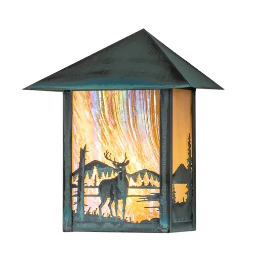 A young buck deer is depicted on this handsome American Craftsman lantern style wall sconce. The fixture; handcrafted in the USA by Meyda artisans; is finished in Verdigris and has Iridized Beige glass panels. - alternate view