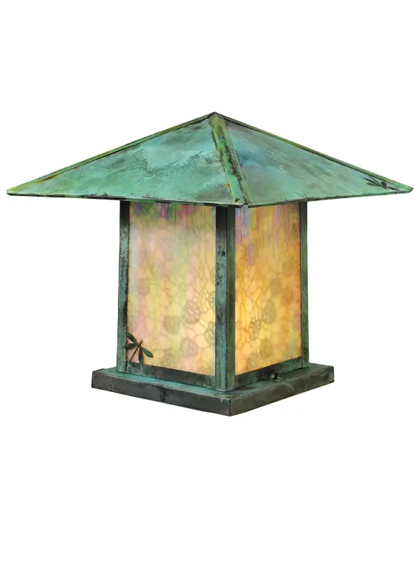 A charming Dragonfly darts in front of a Lotus Leaf silhouette on this handsome American Craftsman lantern style pier mount. The fixture; handcrafted in the USA by Meyda artisans; is finished in Verdigris and has Clear Raindrop glass panels.