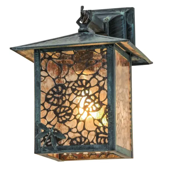 A charming Dragonfly darts in front of a Lotus Leaf silhouette on this handsome American Craftsman lantern style hanging wall sconce. The fixture, handcrafted in the USA by Meyda artisans, is finished in Verdigris and has Clear Seedy glass panels. Collection: Seneca Finish: Verdigris Glass: Clear Seeded Glass Width: 9.00" Height: 14.00" Length: 12.00" Weight: 5.00 lb Extension from Wall: 12.00" Number of Bulbs: 1 Maximum Wattage: 60.00 W Bulb Type: A19 Bulb Base: E26 Material: Brass Country of Origin: USA Safety Listing: Damp Safety Rating: Wet