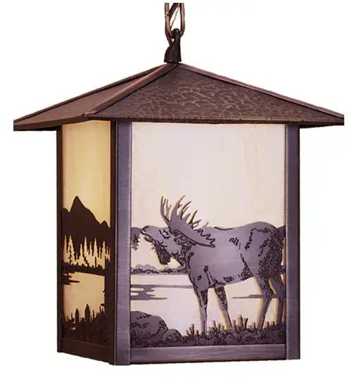 The majestic North Woods Moose is depicted on this handsome American Craftsman lantern style ceiling pendant. The fixture; handcrafted in the USA by Meyda artisans; is finished in Craftsman Brown and has Iridized Beige glass panels.