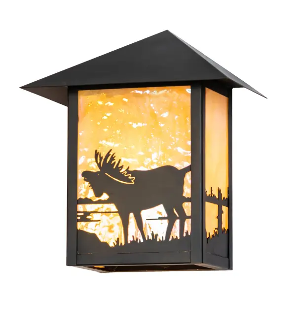 The majestic North Woods Moose is depicted on this handsome American Craftsman lantern style wall sconce. The fixture; handcrafted in the USA by Meyda artisans; is finished in Craftsman Brown and has Iridized Beige glass panels.