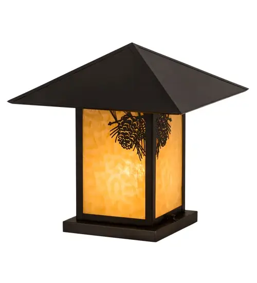 Pine Cone laden branches accent this handsome American Craftsman lantern style pier mount. The fixture; handcrafted in the USA by Meyda artisans; is finished in Craftsman Brown and has Beige glass panels. - alternate view