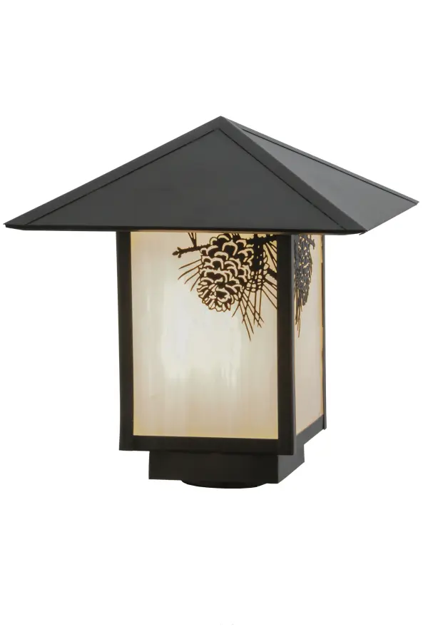 Pine Cone laden branches accent this handsome American Craftsman lantern style post mount. The fixture; handcrafted in the USA by Meyda artisans; is finished in Craftsman Brown and has White glass panels.
