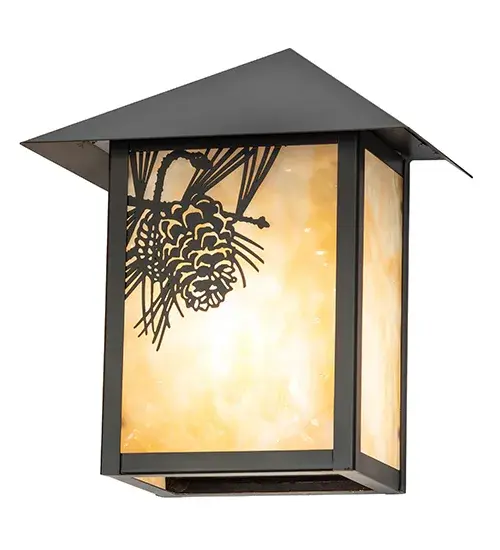Pine Cone laden branches accent this handsome American Craftsman lantern style wall sconce. The fixture, handcrafted in the USA by Meyda artisans, is finished in Craftsman Brown and has Beige glass panels. Collection: Seneca Finish: Craftsman Brown Glass: Beige Art Glass Width: 9.00" Height: 11.00" Length: 6.00" Weight: 2.00 lb Extension from Wall: 6.00" Number of Bulbs: 1 Maximum Wattage: 60.00 W Bulb Type: A19 Bulb Base: E26 Material: Brass Country of Origin: USA Safety Rating: Wet - alternate view
