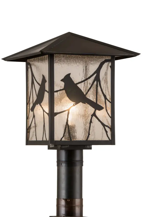 Branches with Song Bird silhouettes accent this handsome American Craftsman lantern style post mount. The fixture; handcrafted in the USA by Meyda artisans; is finished in Craftsman Brown and has Clear Seedy glass panels.