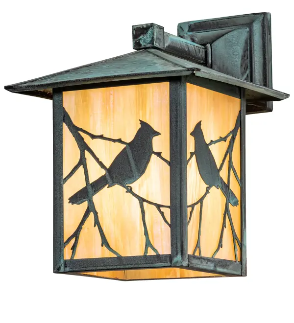 Branches with Song Bird silhouettes accent this handsome American Craftsman lantern style solid mount wall sconce. The fixture; handcrafted in the USA by Meyda artisans; is finished in Verdigris and has Iridized Beige glass panels.