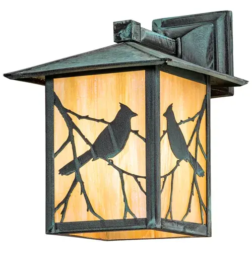 Branches with Song Bird silhouettes accent this handsome American Craftsman lantern style solid mount wall sconce. The fixture; handcrafted in the USA by Meyda artisans; is finished in Verdigris and has Iridized Beige glass panels. - alternate view