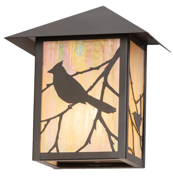 Silhouettes of a Song Bird perched on branches accent this handsome Craftsman Signature lantern-style wall sconce. Handcrafted of Brass with exquisite beauty for both interior and outdoor lighting applications. This stunning lantern features a Beige Iridescent Glass lens enhanced with a Craftsman Brown finish. Align this wall sconce in groups on walls to illuminate corridors and facades in timber homes; modern farmhouses; and other spaces. To create a complete design statement; match this fixture with the Seneca Song Bird Right Wall Sconce; model 286578. The Seneca Song Bird Wall Sconces are featured in our American-made; American-designed; handcrafted Craftsman Signature Series; which is manufactured in Yorkville; New York. UL and cUL listed for dry; damp; and wet locations. Our Build Your Own Craftsman Signature Series features unlimited combinations of styles. The collection is called Build Your Own because it is fully configurable and customizable from size and design to finish and lens color. Marine-grade; solid brass; or copper raw materials are utilized to ensure items from the Craftsman Signature Series of outdoor and indoor lighting will stand the test of time; as these premium metals are impervious to most types of oxidation. Hand-applied Patina finishes on brass and copper are sealed with a clear varnish and over time; may require gentle maintenance; such as wax; to delay or reverse the natural living finish attributes indicative of this finishing process. Patina finishes on brass and copper provide strong resistance to fading from sun exposure; will not chip or crack; and will not rust like a steel-framed item in the same conditions. Choose from a variety of style options; or send us your concept today! Call today to learn how to use the configuration tool available on our website for an instant item number!
