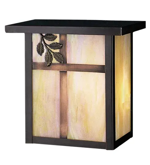 A Single Branch with Leaves accents this handsome American Craftsman lantern style wall sconce. The fixture, handcrafted in the USA by Meyda artisans, is finished in Craftsman Brown and has Iridized Beige glass panels. Collection: Hyde Park Finish: Craftsman Brown Glass: Beige Irridescent (Bai) Width: 8.00" Height: 8.00" Length: 6.00" Weight: 3.50 lb Extension from Wall: 6.00" Number of Bulbs: 1 Maximum Wattage: 60.00 W Bulb Type: A19 Bulb Base: E26 Material: Brass Country of Origin: USA Safety Listing: Wet Safety Rating: Wet