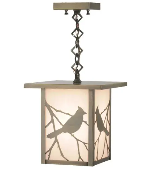 Branches with Song Bird silhouettes accent this handsome American Craftsman lantern style ceiling pendant. The fixture; handcrafted in the USA by Meyda artisans; has an Antique finish and has White glass panels.
