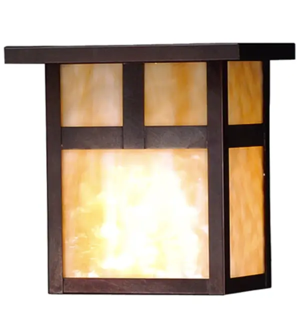 The T Mission has Arts and Crafts style T bars that accents this handsome American Craftsman lantern style wall sconce. The fixture; handcrafted in the USA by Meyda artisans; is finished in Craftsman Brown and has Beige glass panels.
