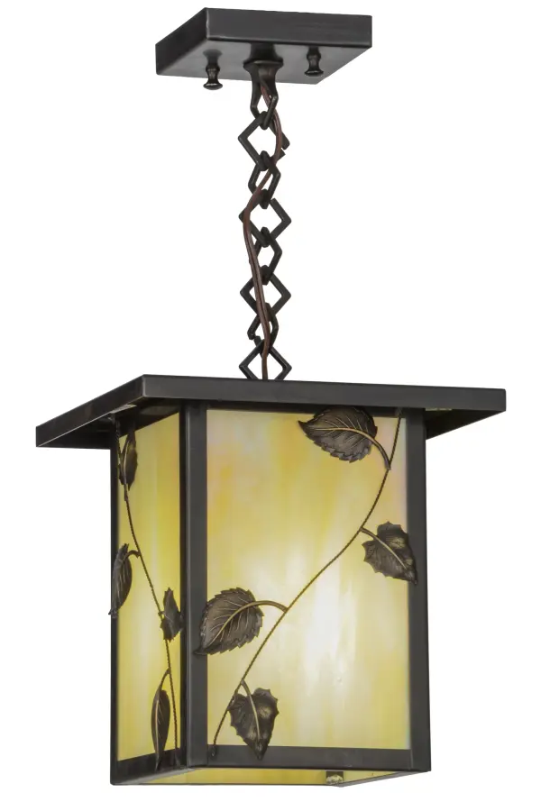 Custom crafted of Solid Brass; vine leaves are depicted on elegant Beige Iridescent art glass that is enhanced with hardware finished in Craftsman Brown. Ideal for both indoor and outdoor applications. Handmade in Meyda's manufacturing facility at the foothills of the Adirondack Mountains in the USA.