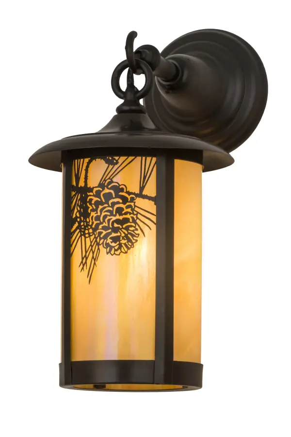 A Spider weaves it's magical web on the edge of this handsome American Craftsman lantern style hanging wall sconce. The fixture, handcrafted in the USA by Meyda artisans, is finished in Craftsman Brown and has Iridized Beige glass panels. Collection: Fulton Finish: Craftsman Brown Glass: Beige Iridescent Glass Width: 8.00" Height: 15.50" Length: 12.00" Weight: 4.00 lb Extension from Wall: 12.00" Number of Bulbs: 1 Maximum Wattage: 100.00 W Bulb Type: A19 Bulb Base: Medium Material: Steel Country of Origin: USA Safety Listing: Wet Safety Rating: Wet