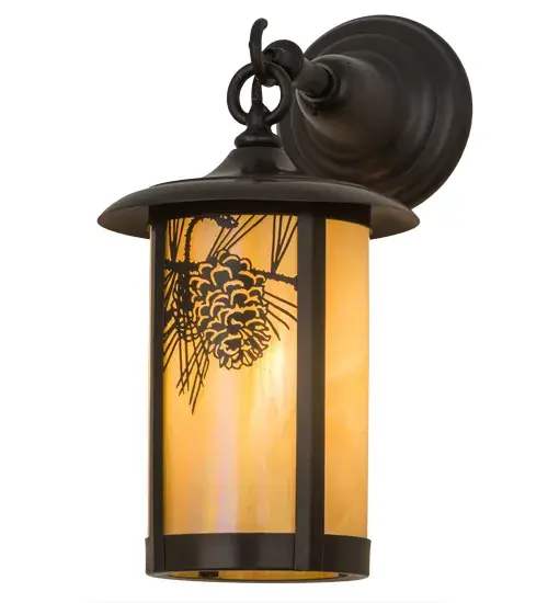 A Spider weaves it's magical web on the edge of this handsome American Craftsman lantern style hanging wall sconce. The fixture, handcrafted in the USA by Meyda artisans, is finished in Craftsman Brown and has Iridized Beige glass panels. Collection: Fulton Finish: Craftsman Brown Glass: Beige Iridescent Glass Width: 8.00" Height: 15.50" Length: 12.00" Weight: 4.00 lb Extension from Wall: 12.00" Number of Bulbs: 1 Maximum Wattage: 100.00 W Bulb Type: A19 Bulb Base: Medium Material: Steel Country of Origin: USA Safety Listing: Wet Safety Rating: Wet - alternate view