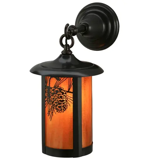 Handcrafted from Solid Brass with alluring rustic beauty. This stunning Craftsman Signature lantern features a stunning Pinecone and Pine Needle design on a Honey Amber Glass diffuser that is enhanced with a Craftsman Brown finish. Display this wall sconce to illuminate the exterior of timber homes; modern farmhouses; and other spaces. The Fulton Prime Wall Sconce is featured in our American-made; American-designed; handcrafted Craftsman Signature Series; which is manufactured in Yorkville; New York. UL and cUL listed for dry; damp and wet locations. Our Build Your Own Craftsman Signature Series features unlimited combinations of styles. The collection is called Build Your Own because it is fully configurable and customizable from size and design to finish and lens color. Marine grade; solid brass; or copper raw materials are utilized to ensure items from the Craftsman Signature Series of outdoor and indoor lighting will stand the test of time; as these premium metals are impervious to most types of oxidation. Hand-applied Patina finishes on brass and copper are sealed with a clear varnish and; over time; may require gentle maintenance; such as wax; to delay or reverse the natural living finish attributes indicative of this finishing process. Patina finishes on brass and copper provide strong resistance to fading from sun exposure; will not chip or crack; and will not rust like a steel-framed item in the same conditions. Mica is less durable in outdoor locations but may be appropriate for mildly exposed areas. Choose from many style options; or send us your concept today! Call today to learn how to use the configuration tool available on our website for an instant item number! - alternate view
