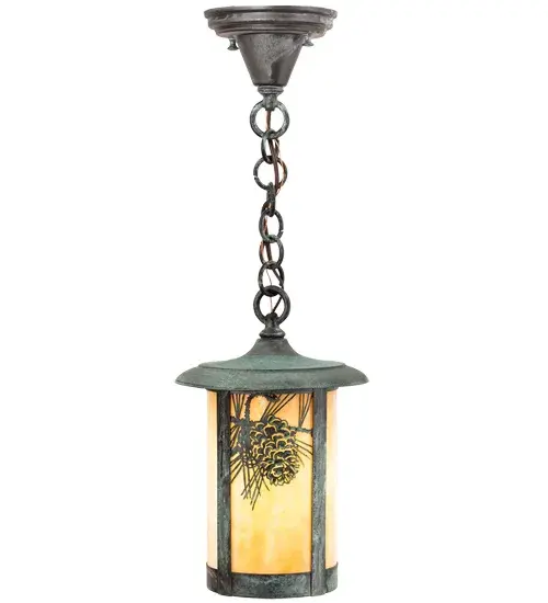 Pine Cone laden branches accent this handsome American Craftsman lantern style ceiling pendant. The fixture, handcrafted in the USA by Meyda artisans, is finished in Verdigris and has Beige glass panels. Collection: Fulton Finish: Verdigris Glass: Beige Art Glass Width: 8.00" Height: 17.50" Length: 8.00" Weight: 3.50 lb Number of Bulbs: 1 Maximum Wattage: 60.00 W Bulb Type: A19 Bulb Base: E26 Material: Brass Country of Origin: USA Safety Listing: Damp Safety Rating: Wet - alternate view