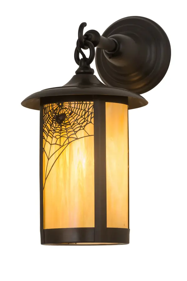 Mother nature's most illustrious designer and architect, this orb spinning arachnid weaves a web of lightweight thread that mystifies all, especially its prey. Custom crafted of Solid Brass, this dramatic Spider Web pattern comes to light on Beige Iridescent art glass which is enhanced with hardware and accents featured in a Craftsman Brown finish. This cylindrical Craftsman Signature lantern is perfect for both outdoor and indoor uses and is created by Meyda designers and artisans who are inspired by their breathtaking surroundings at the foothills of the Adirondack Mountains. Custom sizes, colors, finishes and dimmable energy efficient lamping options are available. UL and cUL listed for wet, damp and dry locations. Collection: Fulton Finish: Craftsman Brown Glass: Beige Iridescent Glass Width: 8.00" Height: 15.50" Length: 12.00" Weight: 4.00 lb Extension from Wall: 12.00" Number of Bulbs: 1 Maximum Wattage: 60.00 W Bulb Type: A19 Bulb Base: E26 Material: Metal Or Polyresin Country of Origin: USA Safety Listing: Wet Safety Rating: Wet