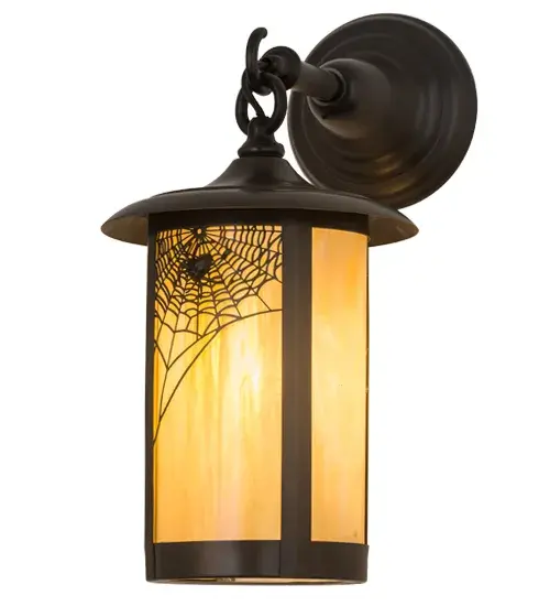 Mother nature's most illustrious designer and architect, this orb spinning arachnid weaves a web of lightweight thread that mystifies all, especially its prey. Custom crafted of Solid Brass, this dramatic Spider Web pattern comes to light on Beige Iridescent art glass which is enhanced with hardware and accents featured in a Craftsman Brown finish. This cylindrical Craftsman Signature lantern is perfect for both outdoor and indoor uses and is created by Meyda designers and artisans who are inspired by their breathtaking surroundings at the foothills of the Adirondack Mountains. Custom sizes, colors, finishes and dimmable energy efficient lamping options are available. UL and cUL listed for wet, damp and dry locations. Collection: Fulton Finish: Craftsman Brown Glass: Beige Iridescent Glass Width: 8.00" Height: 15.50" Length: 12.00" Weight: 4.00 lb Extension from Wall: 12.00" Number of Bulbs: 1 Maximum Wattage: 60.00 W Bulb Type: A19 Bulb Base: E26 Material: Metal Or Polyresin Country of Origin: USA Safety Listing: Wet Safety Rating: Wet - alternate view