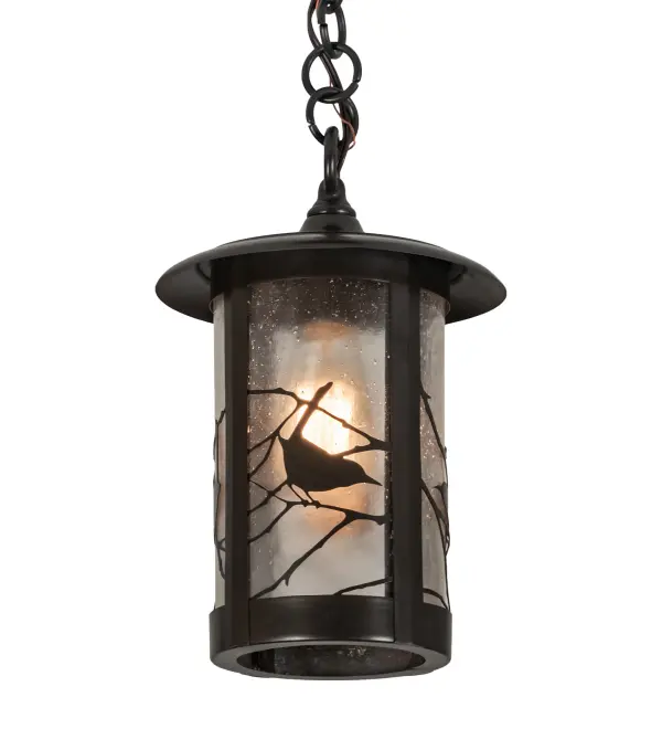 Branches with Song Bird silhouettes accent this handsome American Craftsman lantern style ceiling pendant. The fixture, handcrafted in the USA by Meyda artisans, is finished in Craftsman Brown and has Clear Seedy glass panels. Collection: Fulton Finish: Craftsman Brown Glass: Clear Seedy Width: 8.00" Height: 18.00" Length: 8.00" Weight: 4.00 lb Number of Bulbs: 1 Maximum Wattage: 60.00 W Bulb Type: A19 Bulb Base: E26 Material: Brass Country of Origin: USA Safety Listing: Damp Safety Rating: Damp